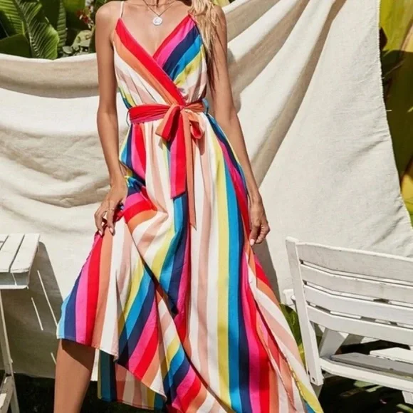 Boho Striped V neck Belted Cami Color Block Dress - Picture 4 of 5